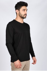 Long Sleeve, Round Neck Viscose (flush) T-Shirt Black