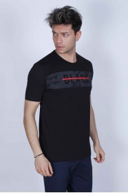 SHORT SLEEVE PRINTED DETAIL ROUND NECK T-SHIRT. BLACK