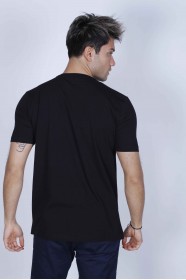 SHORT SLEEVE PRINTED DETAIL ROUND NECK T-SHIRT. BLACK