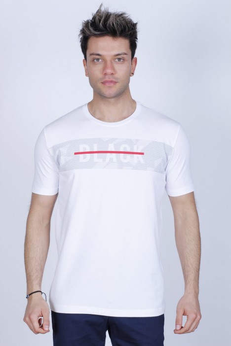 SHORT SLEEVE PRINTED DETAIL, ROUND NECK T-SHIRT. WHITE