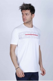 SHORT SLEEVE PRINTED DETAIL, ROUND NECK T-SHIRT. WHITE