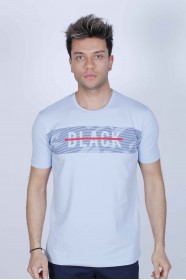 SHORT SLEEVE PRINTED DETAIL ROUND NECK T-SHIRT. LIGHT BLUE