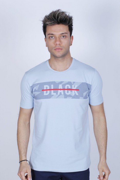 SHORT SLEEVE PRINTED DETAIL ROUND NECK T-SHIRT. LIGHT BLUE