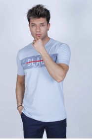SHORT SLEEVE PRINTED DETAIL ROUND NECK T-SHIRT. LIGHT BLUE