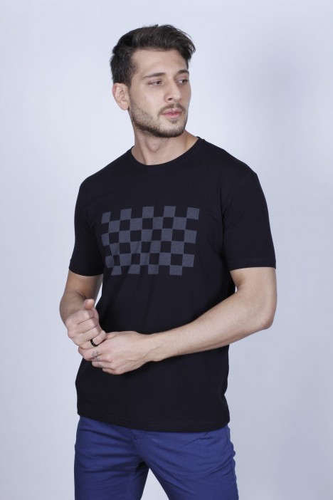 SHORT SLEEVE PRINTED DETAIL ROUND NECK T-SHIRT. BLACK