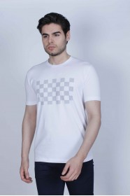 SHORT SLEEVE PRINTED DETAIL, ROUND NECK T-SHIRT. WHITE