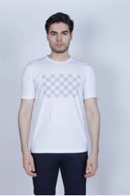 SHORT SLEEVE PRINTED DETAIL, ROUND NECK T-SHIRT. WHITE