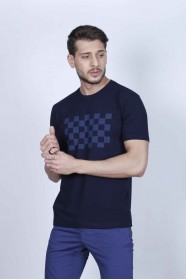 SHORT SLEEVE PRINTED DETAIL ROUND NECK T-SHIRT. NAVY BLUE