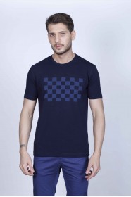 SHORT SLEEVE PRINTED DETAIL ROUND NECK T-SHIRT. NAVY BLUE