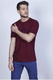 SHORT SLEEVE PRINTED DETAIL ROUND NECK T-SHIRT. BURGUNDY