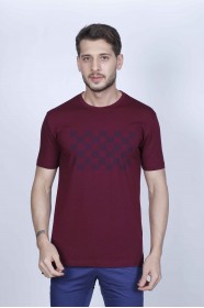 SHORT SLEEVE PRINTED DETAIL ROUND NECK T-SHIRT. BURGUNDY