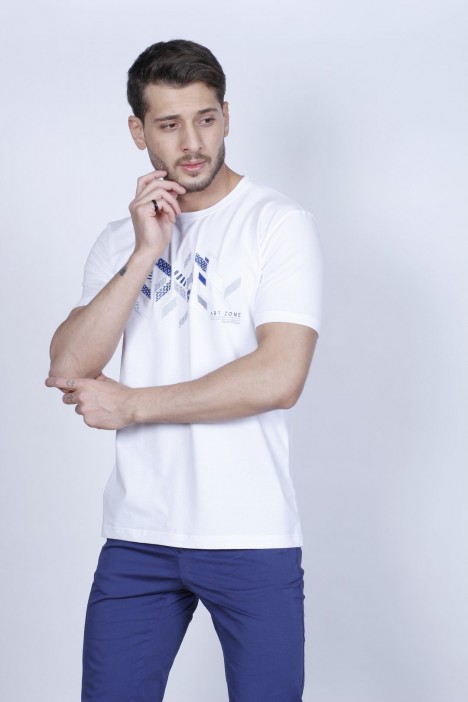 SHORT SLEEVE PRINTED DETAIL, ROUND NECK T-SHIRT. WHITE