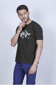 SHORT SLEEVE PRINTED DETAIL ROUND NECK T-SHIRT. KHAKI