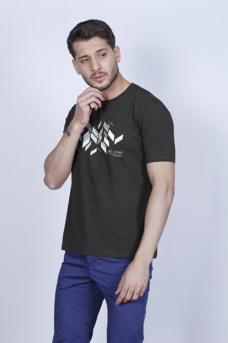 SHORT SLEEVE PRINTED DETAIL ROUND NECK T-SHIRT. KHAKI