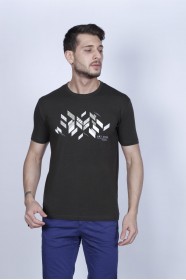 SHORT SLEEVE PRINTED DETAIL ROUND NECK T-SHIRT. KHAKI