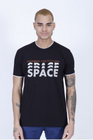 SHORT SLEEVE PRINTED DETAIL ROUND NECK T-SHIRT. BLACK