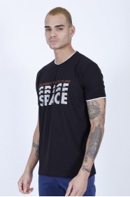 SHORT SLEEVE PRINTED DETAIL ROUND NECK T-SHIRT. BLACK