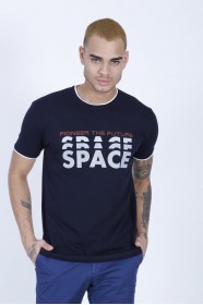 SHORT SLEEVE PRINTED DETAIL ROUND NECK T-SHIRT. NAVY BLUE