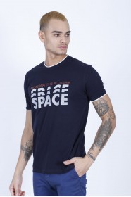 SHORT SLEEVE PRINTED DETAIL ROUND NECK T-SHIRT. NAVY BLUE