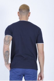 SHORT SLEEVE PRINTED DETAIL ROUND NECK T-SHIRT. NAVY BLUE