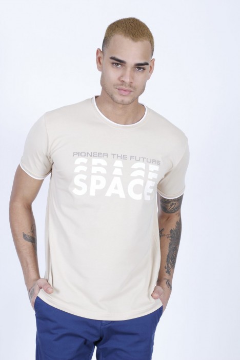SHORT SLEEVE PRINTED DETAIL ROUND NECK T-SHIRT. STONE