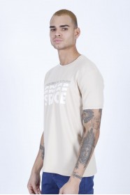 SHORT SLEEVE PRINTED DETAIL ROUND NECK T-SHIRT. STONE