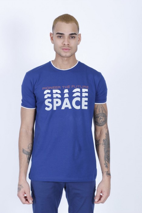 SHORT SLEEVE PRINTED DETAIL ROUND NECK T-SHIRT. MARINE