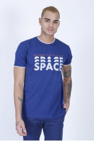 SHORT SLEEVE PRINTED DETAIL ROUND NECK T-SHIRT. MARINE