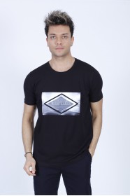 SHORT SLEEVE PRINTED DETAIL ROUND NECK T-SHIRT. BLACK