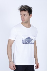 SHORT SLEEVE PRINTED DETAIL, ROUND NECK T-SHIRT. WHITE