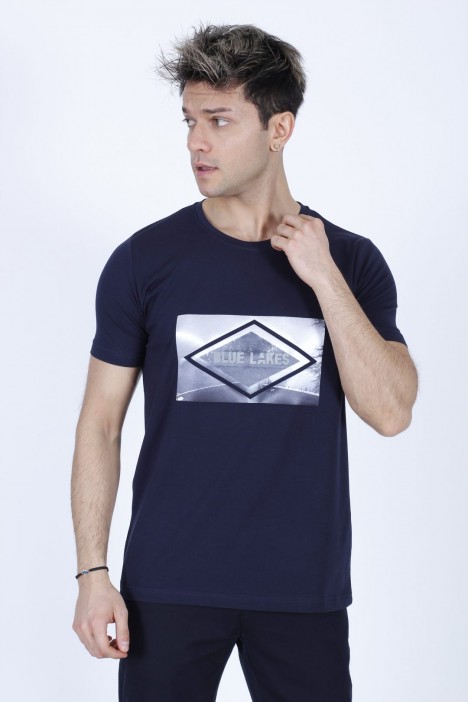 SHORT SLEEVE PRINTED DETAIL ROUND NECK T-SHIRT. NAVY BLUE