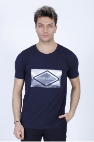 SHORT SLEEVE PRINTED DETAIL ROUND NECK T-SHIRT. NAVY BLUE