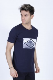 SHORT SLEEVE PRINTED DETAIL ROUND NECK T-SHIRT. NAVY BLUE