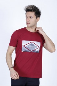 SHORT SLEEVE PRINTED DETAIL ROUND NECK T-SHIRT. BURGUNDY