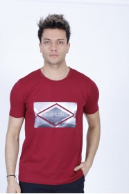 SHORT SLEEVE PRINTED DETAIL ROUND NECK T-SHIRT. BURGUNDY