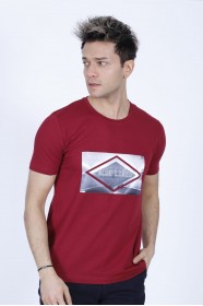 SHORT SLEEVE PRINTED DETAIL ROUND NECK T-SHIRT. BURGUNDY