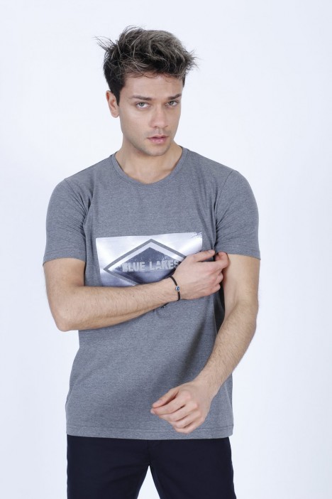 SHORT SLEEVE PRINTED DETAIL ROUND NECK T-SHIRT. ANTHRACITE