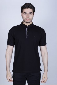 BLACK COLOR, SHORT SLEEVE, PIQUE POLO T-SHİRT WİTH STAND-UP COLLAR