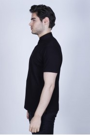 BLACK COLOR, SHORT SLEEVE, PIQUE POLO T-SHİRT WİTH STAND-UP COLLAR