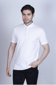 WHITE COLOR, SHORT SLEEVE, PIQUE POLO T-SHİRT WİTH STAND-UP COLLAR