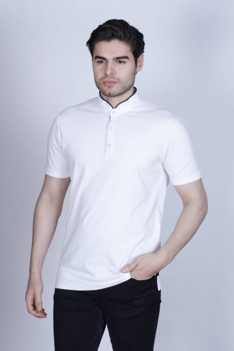 WHITE COLOR, SHORT SLEEVE, PIQUE POLO T-SHİRT WİTH STAND-UP COLLAR