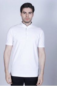 WHITE COLOR, SHORT SLEEVE, PIQUE POLO T-SHİRT WİTH STAND-UP COLLAR