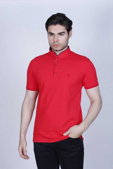 RED COLOR, SHORT SLEEVE, PIQUE POLO T-SHİRT WİTH STAND-UP COLLAR