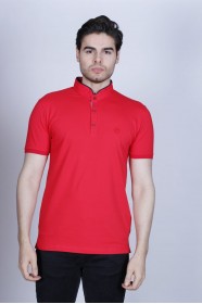 RED COLOR, SHORT SLEEVE, PIQUE POLO T-SHİRT WİTH STAND-UP COLLAR
