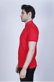 RED COLOR, SHORT SLEEVE, PIQUE POLO T-SHİRT WİTH STAND-UP COLLAR
