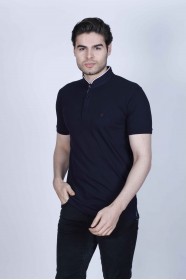 BLACK COLOR, SHORT SLEEVE, PIQUE POLO T-SHİRT WİTH STAND-UP COLLAR