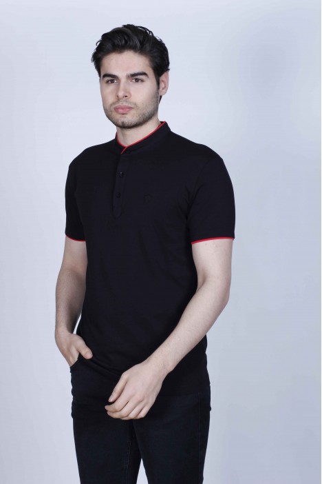 BLACK COLOR, SHORT SLEEVE, POLO STAND UP T-SHIRT WITH LYCRA