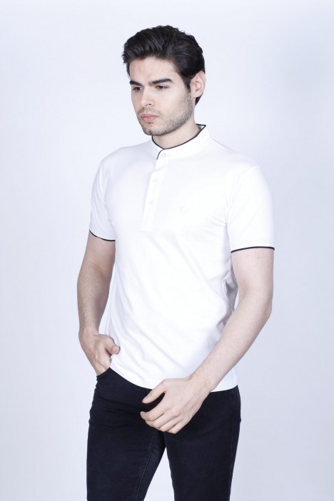 BLACK COLOR, SHORT SLEEVE, POLO STAND UP T-SHIRT WITH LYCRA