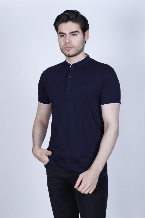 NAVY BLUE COLOR, SHORT SLEEVE, POLO STAND UP T-SHIRT WITH LYCRA