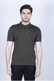 KHAKI COLORED, SHORT SLEEVE, POLO STAND UP T-SHIRT WITH LYCRA